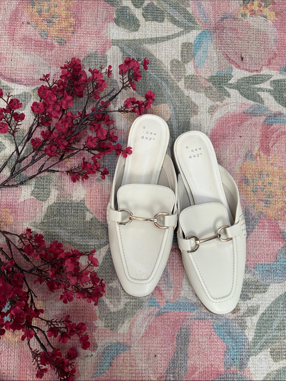 a new day White Slip-On Loafer Mules with Gold Bit